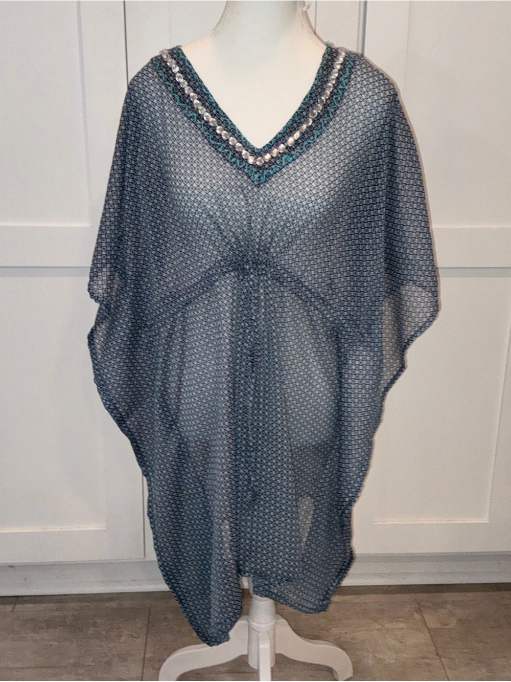 NWT Ana & Kate Sheer Tunic Cover Up One Size Embellished Sheer Blue Print
